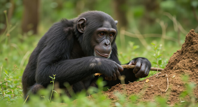 Chimpanzee using wooden stick as tool near termite mound in forest. Primate demonstrating tool usage for animal intelligence studies and wildlife conservation awareness