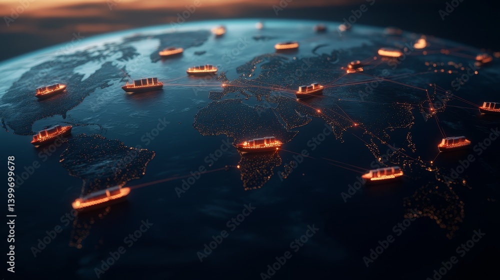 Poster global shipping routes illuminated by container ships in a digitally enhanced world map at dusk
