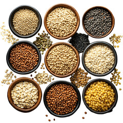 Various grains and legumes in bowls healthy food
