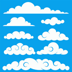 Vector Set of Cartoon Cloud Shapes – Flat White Clouds on Blue Sky Background.