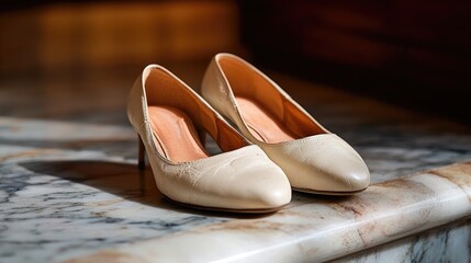 A pair of ballet flats on a marble staircase with an elegant shadow play