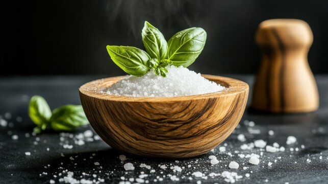 Fresh basil salt blends embraced by a rustic wooden bowl showcasing vibrant green herbs and coarse salt crystals - Powered by Adobe