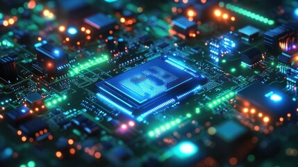 CPU on Circuit Board with Glowing Lights