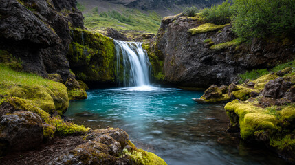 Fototapeta premium Verdant Waterfall Cascading into Emerald Natural Pool
