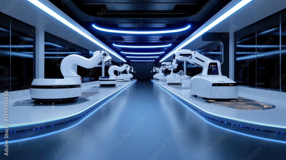 Poster fully automated factory floor with synchronized robotic arms.