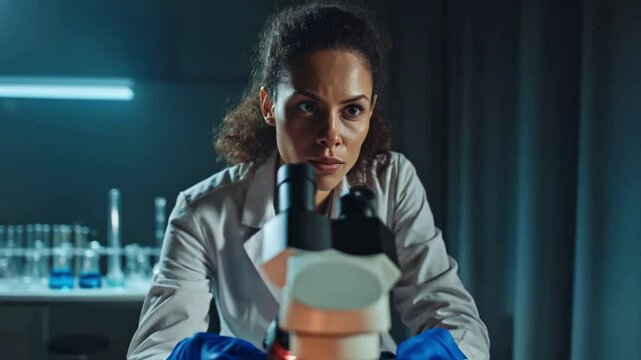 Female scientist in lab coat intently looking through microscope in dark laboratory conducting research, symbolizing scientific analysis, discovery and precision in biotechnology field