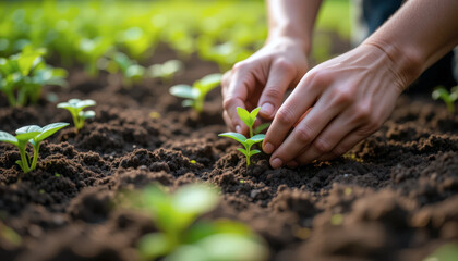 Hands planting small green seedling into rich, dark soil in garden, symbolizing growth and sustainability. scene is bright and natural