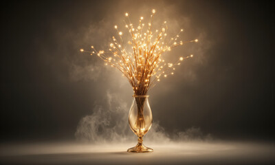 Amaryllis (Hippeastrum) tall, flute-shaped glass vase filled with water glowing softly in a golden hue, holding striking red amaryllis blooms