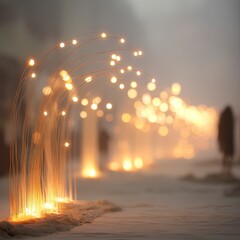 Obraz premium Illuminated Grass Decor Warm Lights Bokeh Background Festive Decor Modern Art Ambient