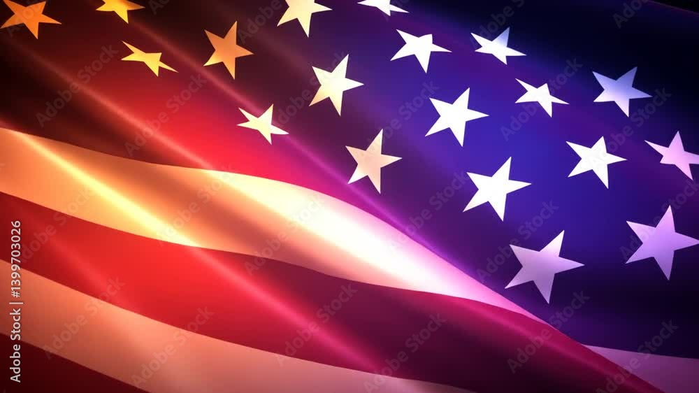 Poster dynamic patriotic flag animation with vibrant colors and sparkling particle effects