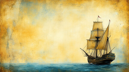 Vintage Sailing Ship on a Serene Ocean Background at Sunset