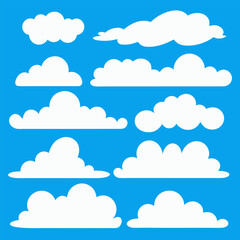 Vector Set of Cartoon Cloud Shapes – Flat White Clouds on Blue Sky Background.