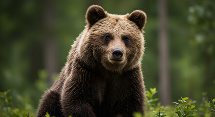 Obraz premium Brown Bear Walking in Forest, Wildlife in Natural Habitat, Powerful Bear in Woodland Environment, Large Mammal in Nature, Forest Animal Scene