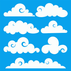 Vector Set of Cartoon Cloud Shapes – Flat White Clouds on Blue Sky Background.