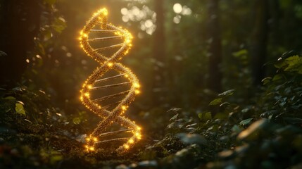 Obraz premium Glowing DNA Helix in a Mystical Forest at Dawn