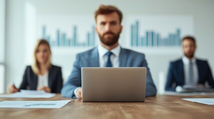 A focused meeting scene with professionals discussing data, featuring a man at a laptop and colleagues reviewing documents.