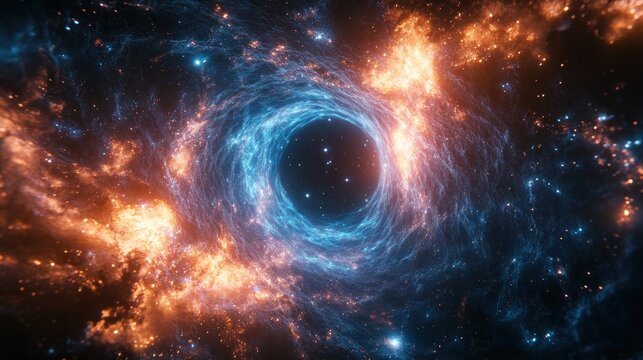 Cosmic black hole swirling in vibrant nebula, deep space