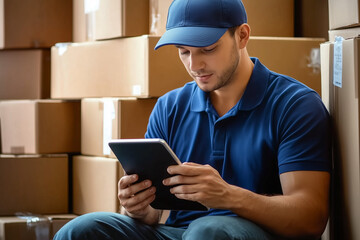 Focused deliveryman with tablet, amidst cardboard boxes in warehouse, illustrating efficient logistics process, stock photo