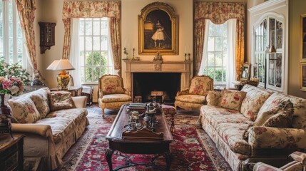 A beautifully decorated living room filled with antique furnishings