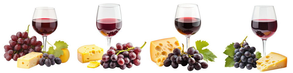Set of a red wine glass with grapes and cheese, isolated on a transparent background.