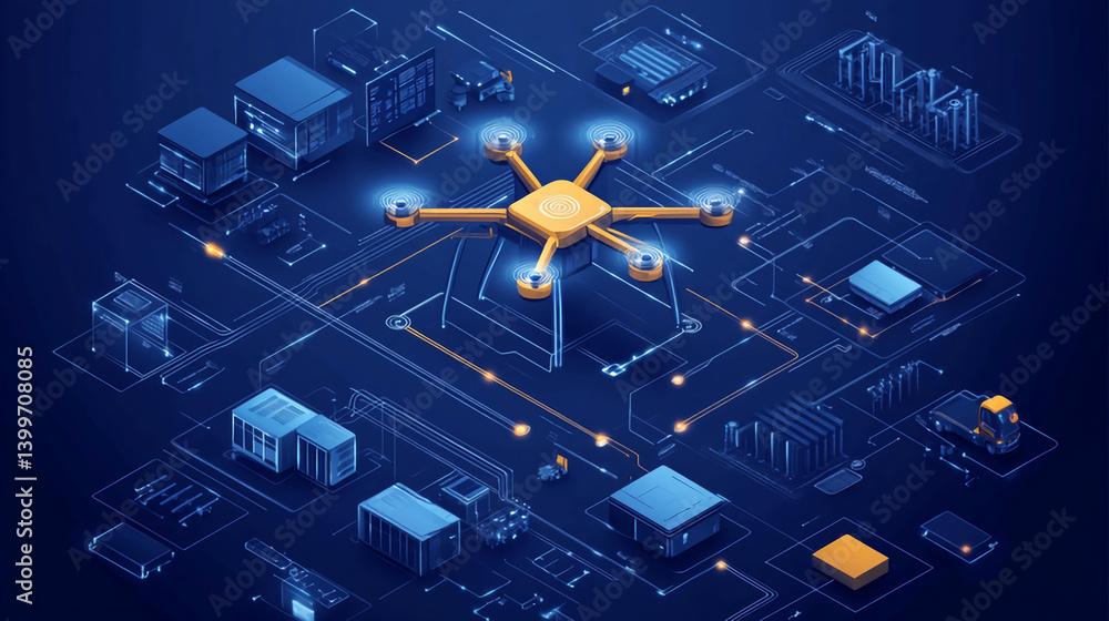 Poster isometric drone technology concept for smart city automation and network connectivity illustration 3