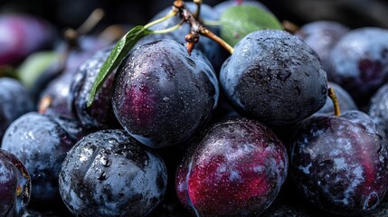 Obraz premium A pile of plump prunes, deeply wrinkled, dark purple, slightly glossy sheen - shiny plump food