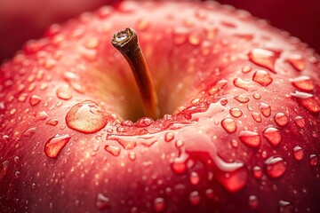 Close Up of Fresh Red Apple with Water Droplets and Stem