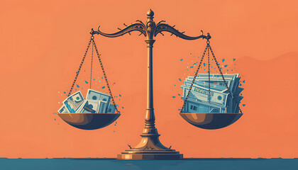 Balance of Value: Money Scales, Orange Backdrop, Stylized Illustration.