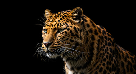 Fototapeta premium Leopard Portrait in Dark Background, Wildlife in Natural Habitat, Powerful Predator Face, Big Cat Close up, Wild Animal in Nature, Leopard Head