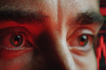 Intense gaze reflecting market volatility with red chart patterns in the eyes.