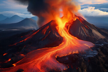 An active volcano. Hot lava flows down to the foot of the volcano.