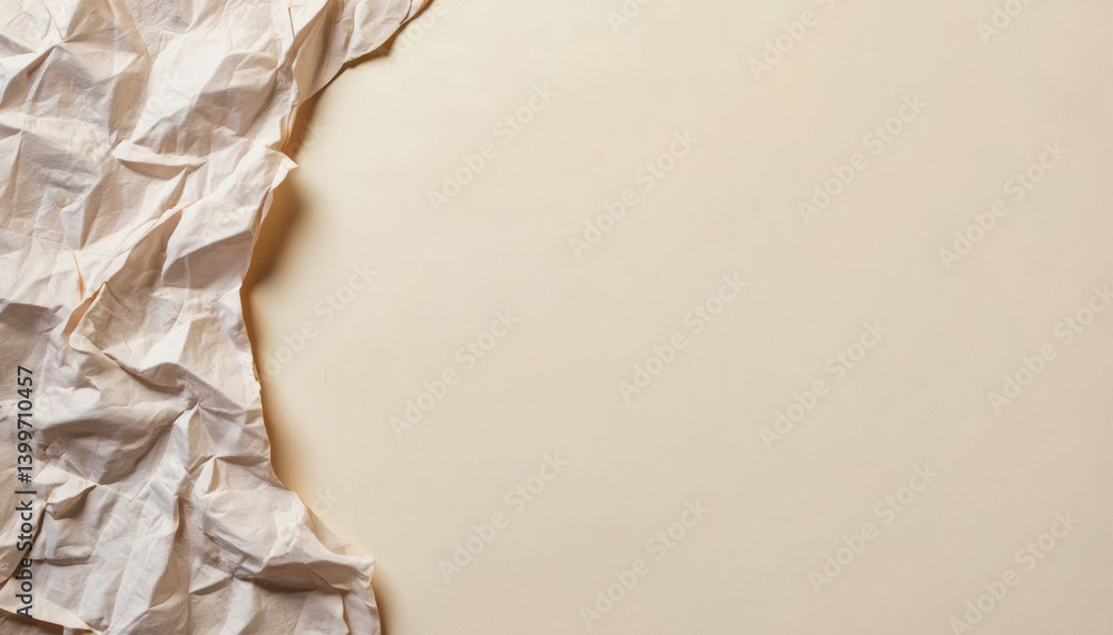 Poster everyday objects - for downstream advertisement and design: a crumpled sheet of beige paper rests al