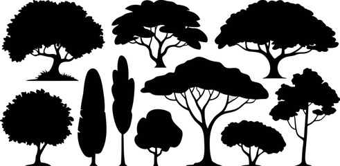  a collection of nine distinct tree silhouettes, rendered in solid black against a plain white background. 