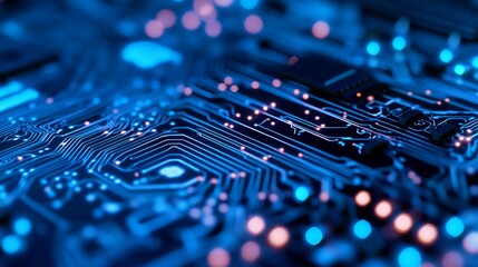 Close up of a blue circuit board with glowing lights and intricate lines and patterns visible clearly