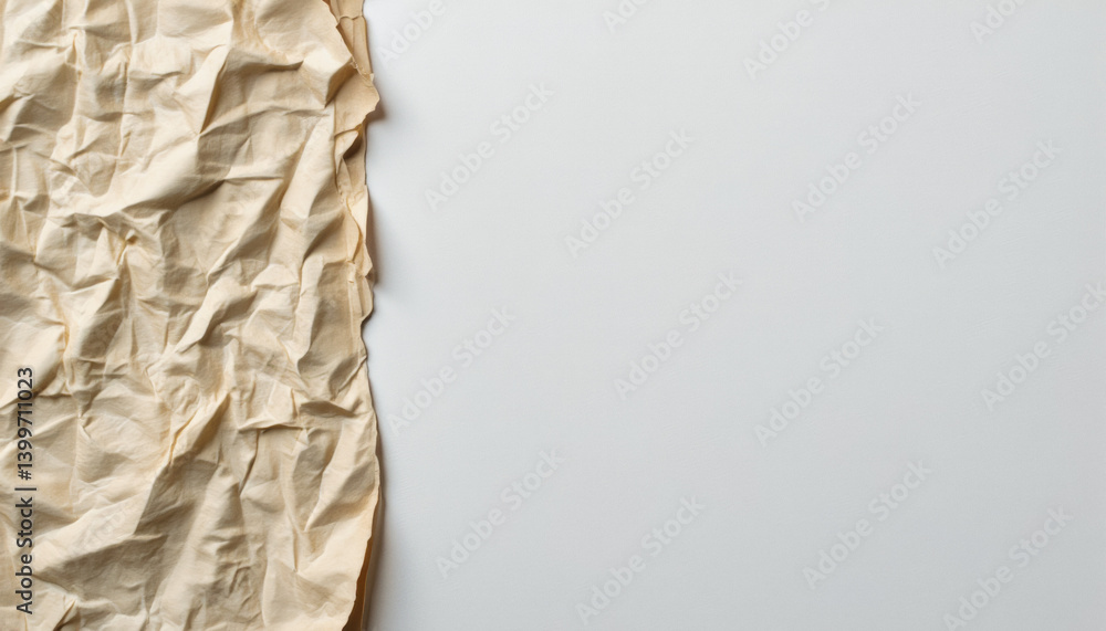 Poster everyday objects - for downstream advertisement and design: a crumpled piece of aged paper sits alon