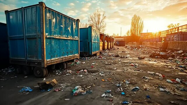 Urban waste management site at sunset, showcasing overflowing dumpsters and scattered debris