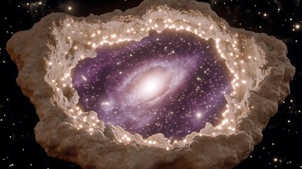 Cosmic Cavity.  A spiral galaxy nestled within a cavernous, light-edged celestial structure