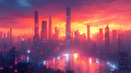Futuristic Cityscape at Sunset: A Cyberpunk Metropolis