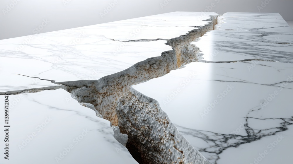 Poster elegant marble table displaying cracks at diagonal fault line symbolizing economic instability betwe
