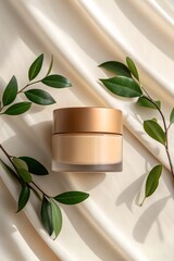 Minimalist Mockup of a Round Jar for Face Mask With Greenery on Soft Fabric Background