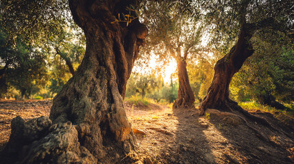 Fototapeta premium Solitary Walker Among Ancient Olive Trees in Golden Evening Light