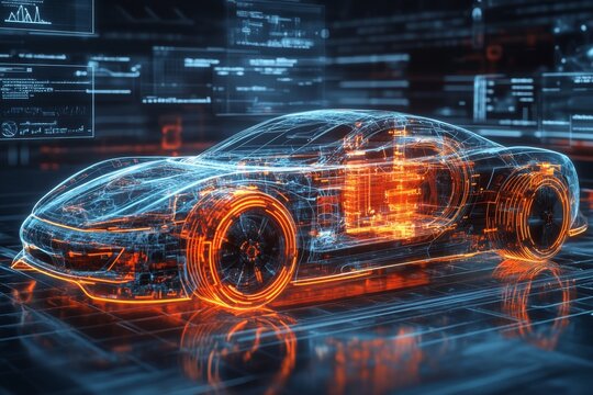Futuristic car design with digital overlay.  Engineered components are highlighted and show intricate details of the vehicle's structure.  Modern automotive technology and innovation