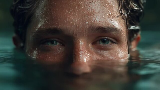 Intense closeup of person's eyes emerging from water surface, wet face looking directly at camera, conveying mystery, emergence, sensuality or hidden depths concept in aquatic setting