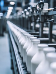 Obraz premium Milk Bottles Moving on Conveyor Belt in Dairy Factory Production
