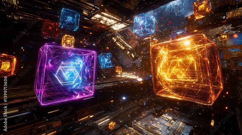 Poster floating glowing cubes in a futuristic space environment. complex network patterns and vibrant color