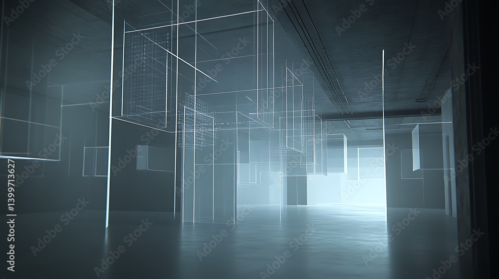 Poster futuristic, digital city interior, showcasing interconnected structures, illuminated by soft, ambien