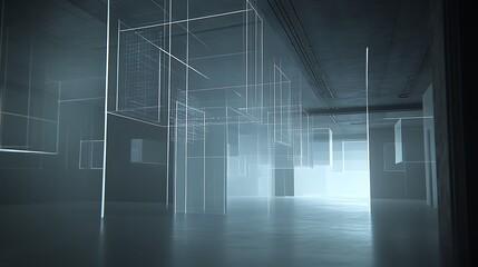 Futuristic, digital city interior, showcasing interconnected structures, illuminated by soft, ambient light.  Transparent digital lines and codes appear as if woven into the architecture