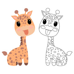 Adorable cartoon giraffe sticking out tongue, shown in both full color and black-and-white outline, perfect for children's coloring books and playful designs.