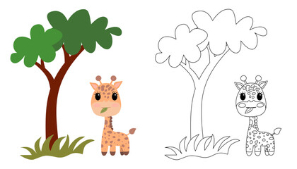 Cute cartoon giraffe and tree in color and black-and-white outline, perfect for children's coloring books and educational materials.