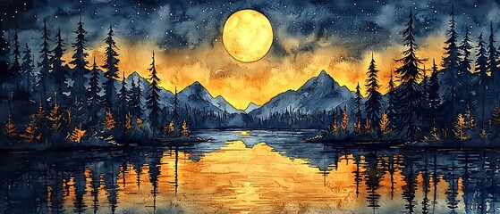 Moonlit Serenity: A tranquil waterscape, showcasing a luminous full moon suspended above majestic mountains, with the tranquil, mirrored reflection of nature's beauty, offering a sense of peace. 